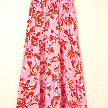 Pink Bohemian Floral Print Tiered Maxi Skirt with Split