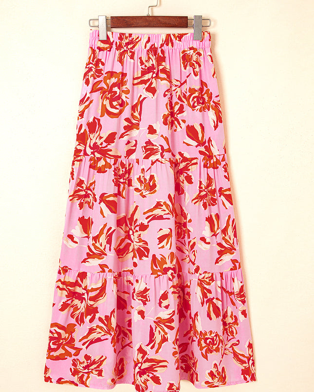 Pink Bohemian Floral Print Tiered Maxi Skirt with Split