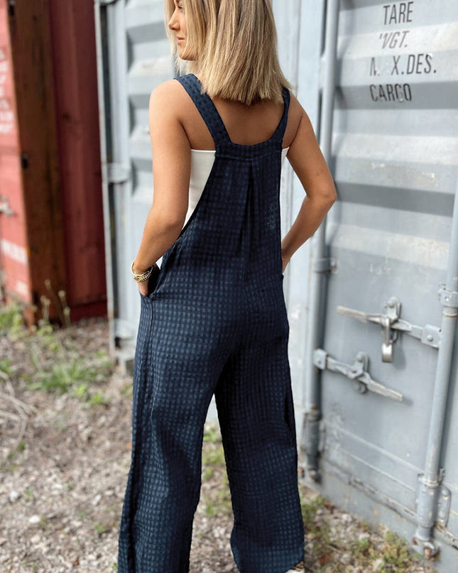 Sail Blue Plaid Print Buttoned Pocketed High Waist Overall