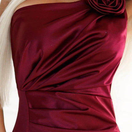 Burgundy Satin One-Shoulder Dress with Roses – Aurora