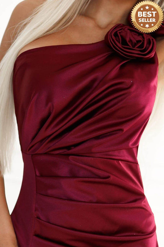 Burgundy Satin One-Shoulder Dress with Roses – Aurora
