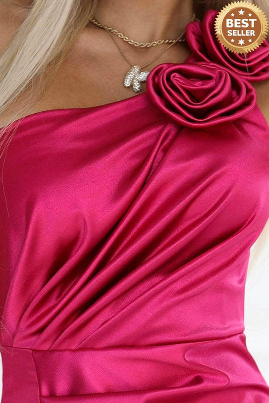 Pink Satin One-Shoulder Dress with Rose and Slit – Aurora