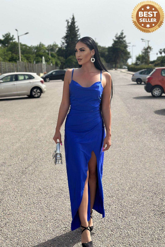 Blue Satin Long Dress with Leg Slit – Diane