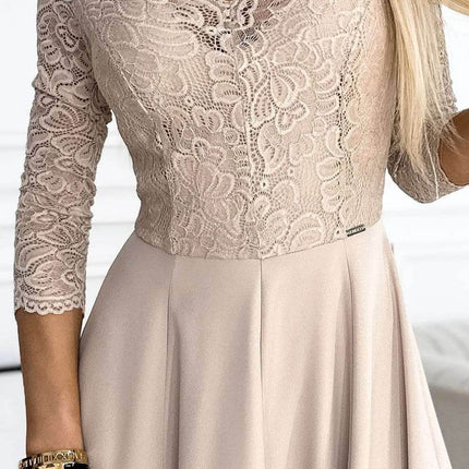 Beige Lace Dress with Leg Slit – Amber