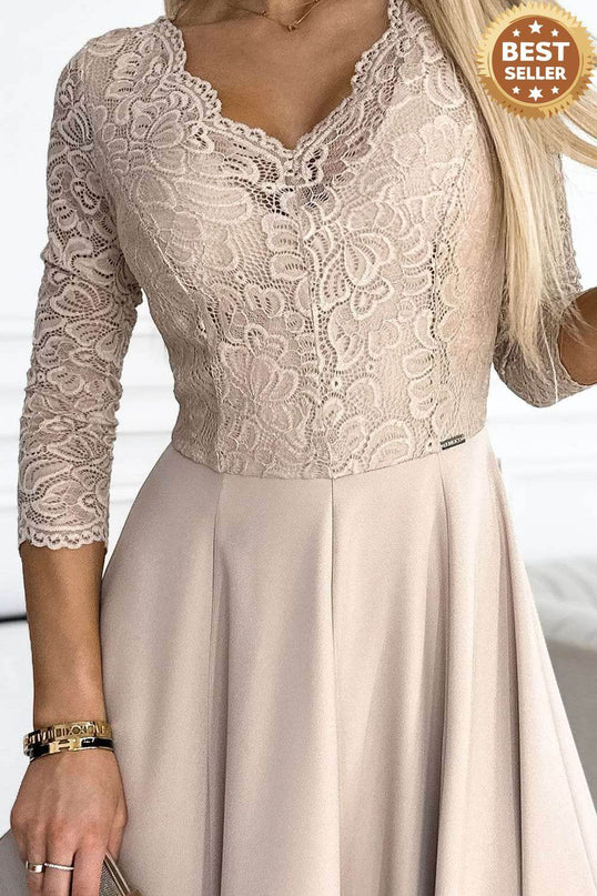 Beige Lace Dress with Leg Slit – Amber