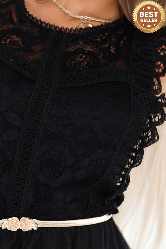 Black Lace Dress with Tulle Skirt and Gold Belt – Greta