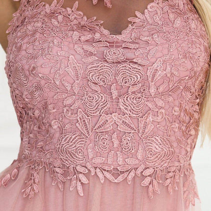 Powder Pink Embroidered Lace Tulle Maxi Dress