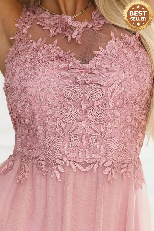 Powder Pink Embroidered Lace Tulle Maxi Dress