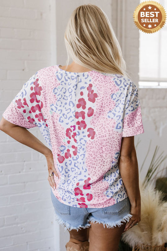 Leopard Print V Neck Short Sleeve Blouse