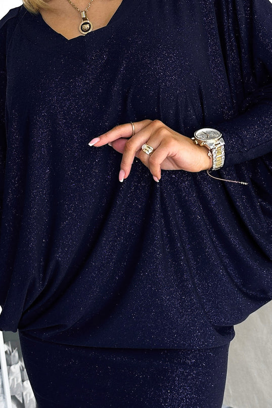 Navy Blue Glitter Dress with Neckline – Bat