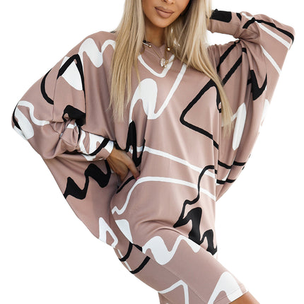 Beige Batwing Sleeveless Dress with Black and White Pattern