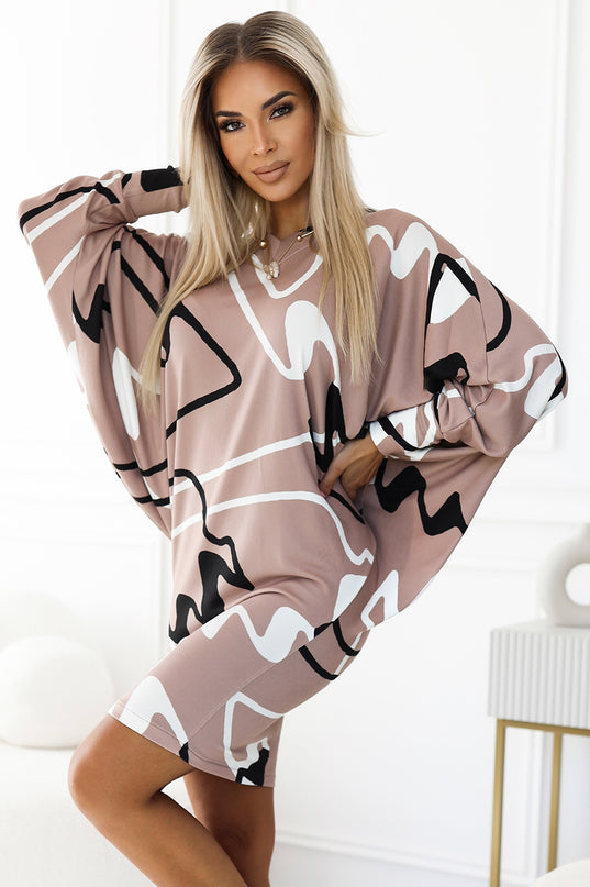 Beige Batwing Sleeveless Dress with Black and White Pattern