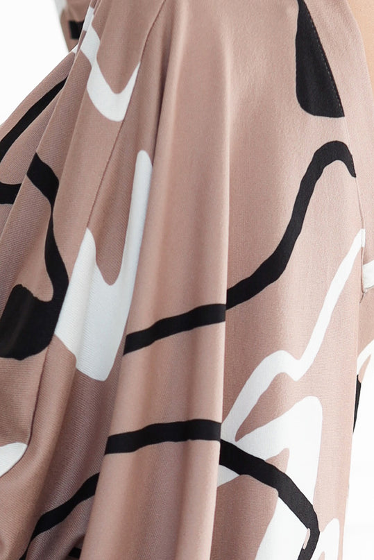 Beige Batwing Sleeveless Dress with Black and White Pattern