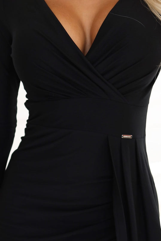 404-13 Elegant long dress with a wrap neckline and slit - black