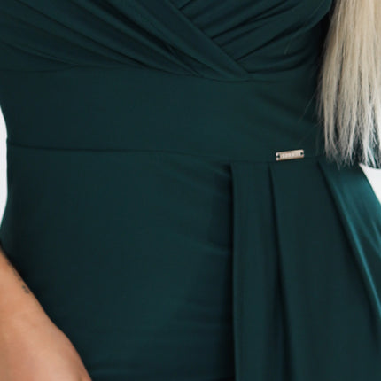 21574-7-404-15 Elegant long dress with a wrap neckline and slit - bottle green-7