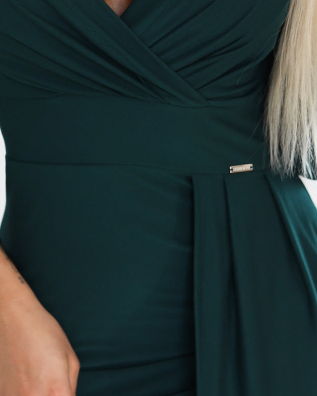404-15 Elegant long dress with a wrap neckline and slit - bottle green