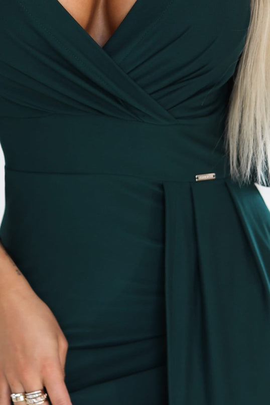 404-15 Elegant long dress with a wrap neckline and slit - bottle green