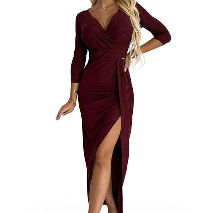18349-7-404-5 Shiny dress with a neckline and a slit on the leg - Burgundy color-7