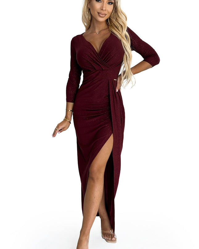 404-5 Shiny dress with a neckline and a slit on the leg - Burgundy color