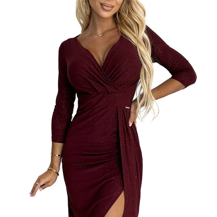 18349-8-404-5 Shiny dress with a neckline and a slit on the leg - Burgundy color-8