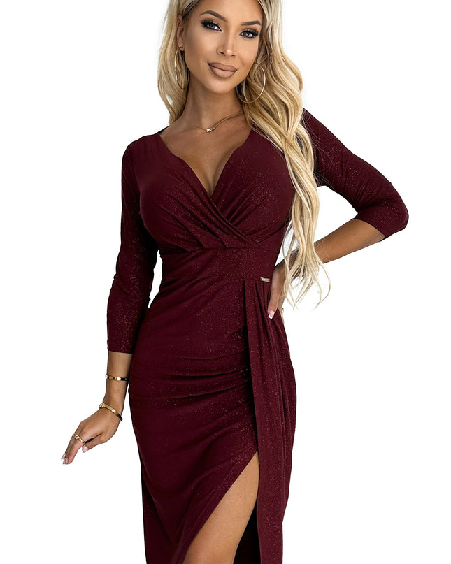 404-5 Shiny dress with a neckline and a slit on the leg - Burgundy color