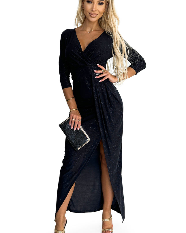 404-6 Shiny dress with a neckline and a slit on the leg - black color