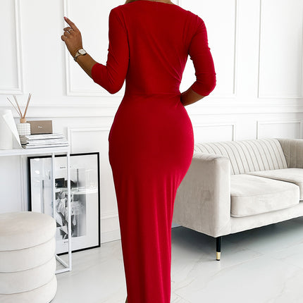18583-3-404-7 Shiny dress with a neckline and a slit on the leg - red color-3