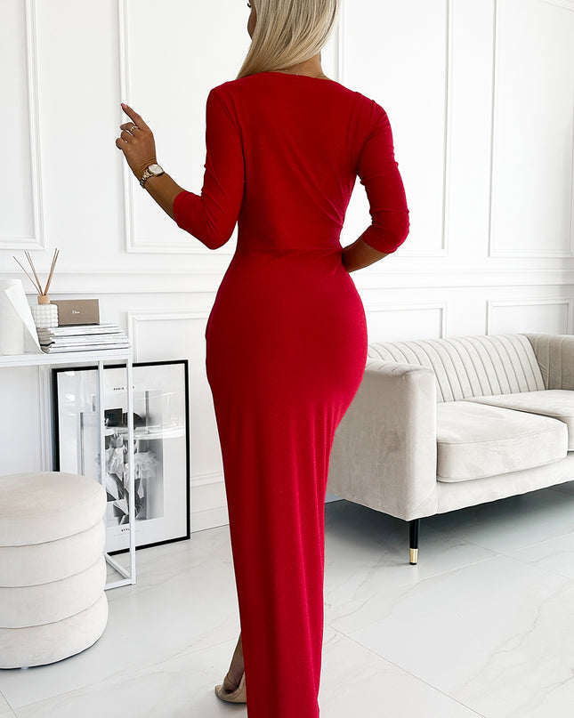 404-7 Shiny dress with a neckline and a slit on the leg - red color