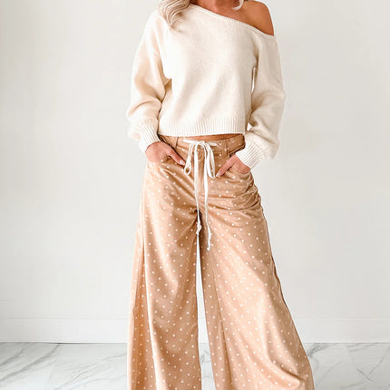 Khaki Polka Dot Print Drawstring Wide Leg Pants