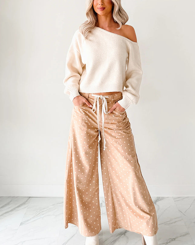 Khaki Polka Dot Print Drawstring Wide Leg Pants