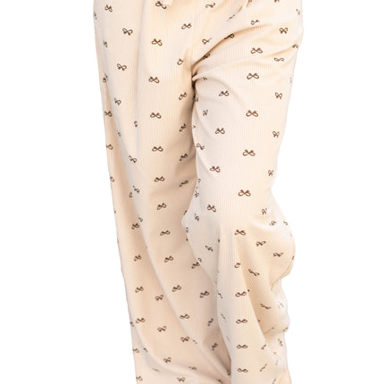 Apricot Bow Print Drawstring Elastic Waist Loose Corduroy Pants