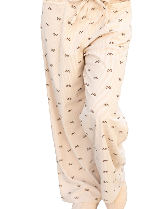 Apricot Bow Print Drawstring Elastic Waist Loose Corduroy Pants