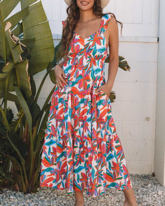 Red Boho Floral Ruffled Strap V Neck Maxi Dress