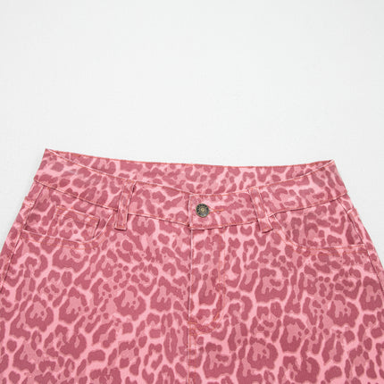 Rose Leopard Frayed Edge Wide Leg High Waist Jeans
