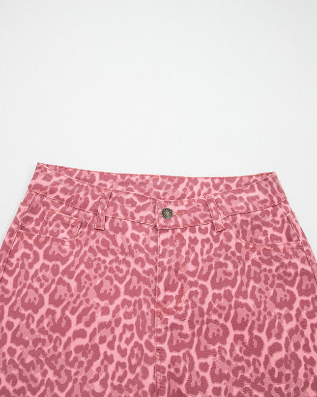 Rose Leopard Frayed Edge Wide Leg High Waist Jeans