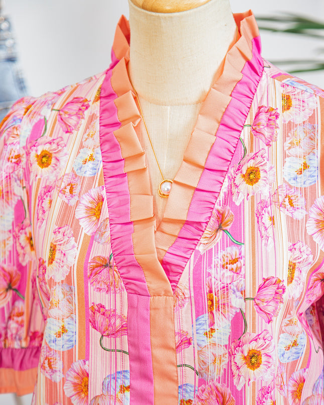Pink Poppy Flower Striped Print Color Block Trim V Neck Short Sleeve Blouse