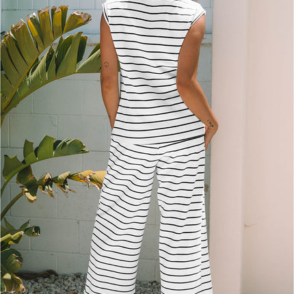 Rose Stripe Casual Wide Leg 2pcs Pants Set