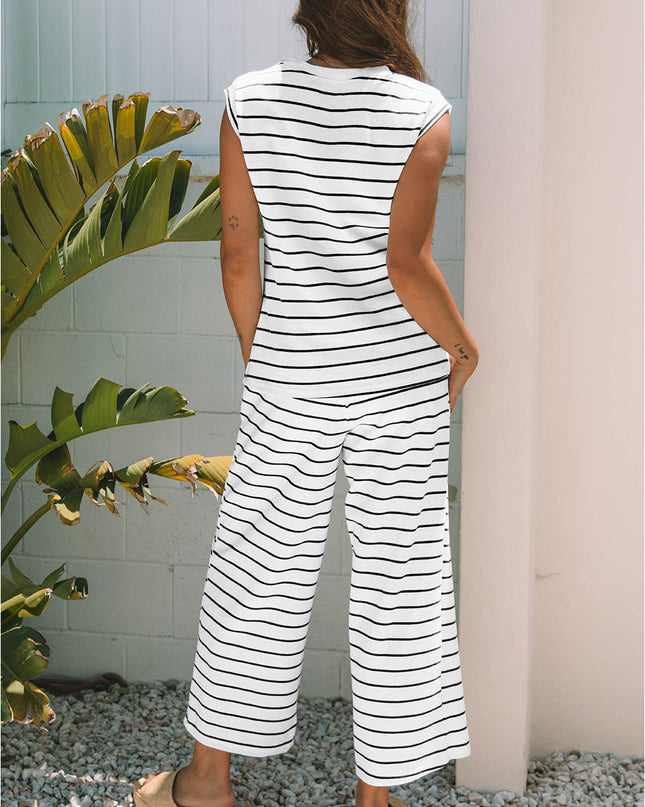 Rose Stripe Casual Wide Leg 2pcs Pants Set