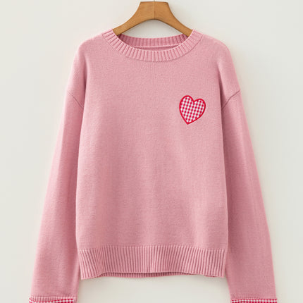 Light Pink Plaid Heart Embroidered Cuffed Drop Shoulder Crew Neck Sweater
