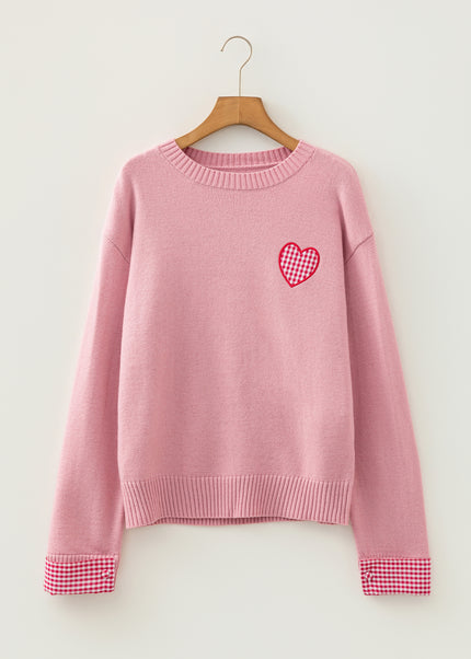 Light Pink Plaid Heart Embroidered Cuffed Drop Shoulder Crew Neck Sweater