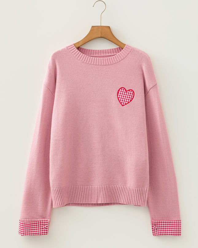 Light Pink Plaid Heart Embroidered Cuffed Drop Shoulder Crew Neck Sweater