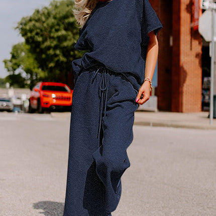 Black Textured Loose Fit T Shirt and Drawstring Pants Set