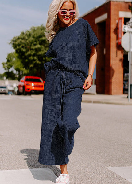 Black Textured Loose Fit T Shirt and Drawstring Pants Set