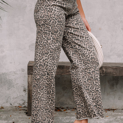 Rose Leopard Frayed Edge Wide Leg High Waist Jeans
