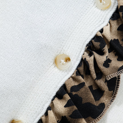White Knitted Leopard Ruffle Patchwork Button Down Cropped Cardigan