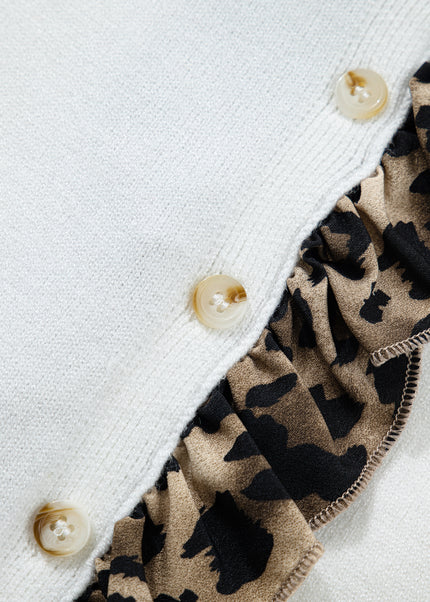 White Knitted Leopard Ruffle Patchwork Button Down Cropped Cardigan