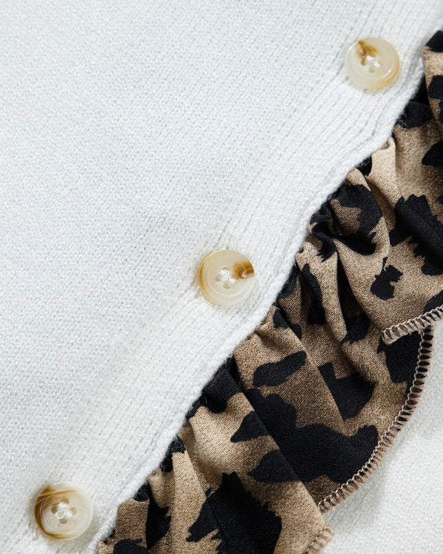 White Knitted Leopard Ruffle Patchwork Button Down Cropped Cardigan