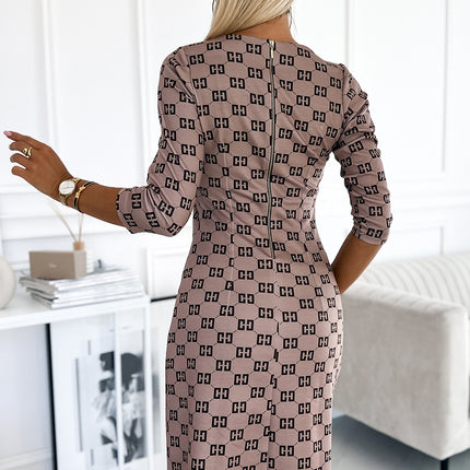 18655-3-420-3 MARY Dress with golden zippers - beige with a black pattern-3