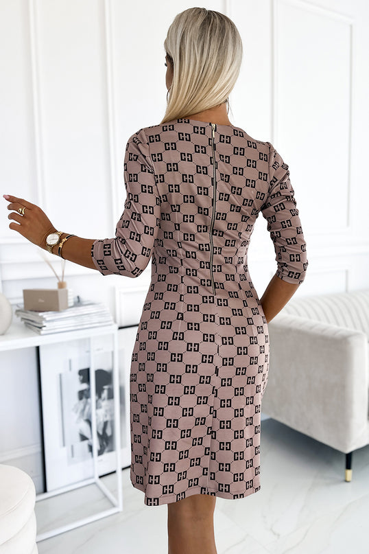 Beige Dress with Black Pattern and Golden Zippers – MARY