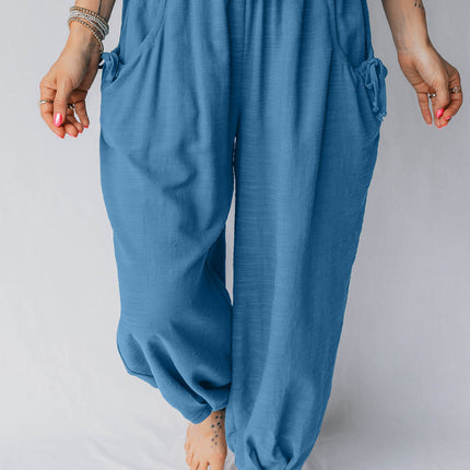 Prussian Blue Smocked Waist Casual Jogger Style Pants